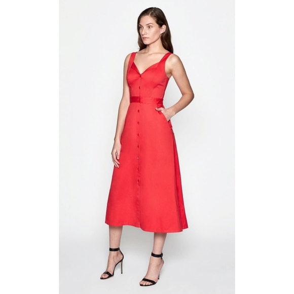 $395 NWT 🔥Equipment Oleisa Dress Button Front Sleeveless V-neck Tea Midi Red 4 - Picture 1 of 8